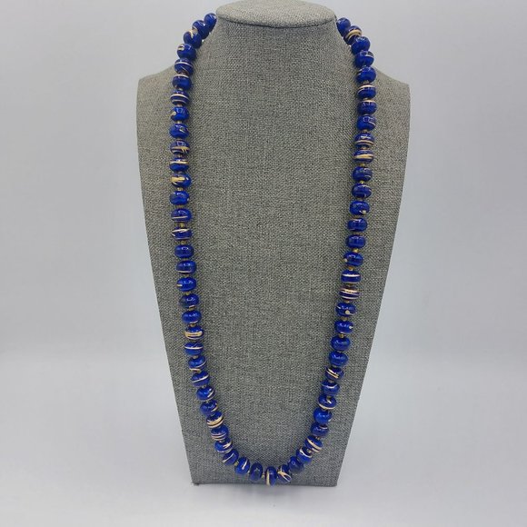 Necklace Blue Beads Gold Painted Random Striping Gold Toned Clasp 26" Single Str - Picture 1 of 5